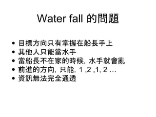 Water fall Ć}
? Ŀ˷ֻڴL
? ֻܮˮ
? Lڼҵĕrˮ־͕y
? ǰMķֻܣ1 ,2 ,1, 2 
? YӍoȫͨ͸
 