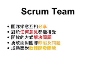 Scrum Team
? Fꠘ⻥
? κҊܽ
? _ŵķʽQ}
? ¸挦Fȱݼ}
? 挦ܛw_l
 