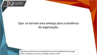 14
http://www.mckinsey.com/insights/business_technology/delivering_large-
scale_it_projects_on_time_on_budget_and_on_value
Que se tornam uma ameaça para a existência
da organização.
 