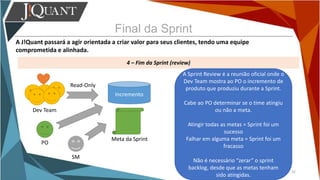 Final da Sprint
A J!Quant passará a agir orientada a criar valor para seus clientes, tendo uma equipe
comprometida e alinhada.
4 – Fim da Sprint (review)
32
A Sprint Review é a reunião oficial onde o
Dev Team mostra ao PO o incremento de
produto que produziu durante a Sprint.
Cabe ao PO determinar se o time atingiu
ou não a meta.
Atingir todas as metas = Sprint foi um
sucesso
Falhar em alguma meta = Sprint foi um
fracasso
Não é necessário “zerar” o sprint
backlog, desde que as metas tenham
sido atingidas.
Dev Team
SM
Read-Only
PO
Meta da Sprint
Incremento
 