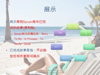 展示
•  展示移到Scrum板中已完
成的故事(便利貼)
–  Scrum板中的欄位有：Story、
To Do、In Process、To
Verify、Done
•  已完成故事是指：不必施
加任何作業即可展示
CEO	
  of	
  HourMasters.com	
  Frank	
  
(yaochanan@gmail.com,	
  +886-­‐934-­‐369250)
願景、目標
待辦事項清
單
調整與修正
優先順序
衝刺規劃
透明工作
展示
回顧
 