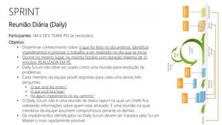 SPRINT
Objetivo:
• Disseminar conhecimento sobre o que foi feito no dia anterior, identificar
impedimentos e priorizar o trabalho a ser realizado no dia que se inicia.
• Ocorre no mesmo lugar, no mesmo horário com duração máxima de 15
minutos. REALIZADA EM PÉ.
• Daily Scrum não deve ser usado como uma reunião para resolução de
problemas.
• Cada membro da equipe provê respostas para cada uma destas três
perguntas:
• O que você fez ontem?
• O que você fará hoje?
• Há algum impedimento no seu caminho?
• O Daily Scrum não é uma reunião de status report na qual um chefe fica
coletando informações sobre quem está atrasado. É uma reunião na qual
membros da equipe assumem compromissos perante os demais.
• Os impedimentos identificados no Daily Scrum devem ser tratados pelo Scrum
Master o mais rapidamente possível.
Participantes: SM e DEV TEAM. PO se necessário
Reunião Diária (Daily)
 