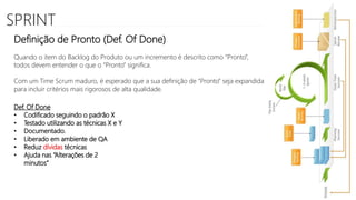 SPRINT
Definição de Pronto (Def. Of Done)
Def. Of Done
• Codificado seguindo o padrão X
• Testado utilizando as técnicas X e Y
• Documentado.
• Liberado em ambiente de QA
• Reduz dívidas técnicas
• Ajuda nas “Alterações de 2
minutos”
Quando o item do Backlog do Produto ou um incremento é descrito como “Pronto”,
todos devem entender o que o “Pronto” significa.
Com um Time Scrum maduro, é esperado que a sua definição de “Pronto” seja expandida
para incluir critérios mais rigorosos de alta qualidade.
 