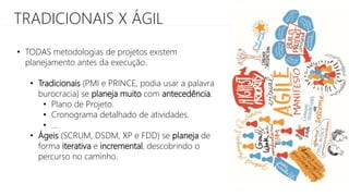 TRADICIONAIS X ÁGIL
• TODAS metodologias de projetos existem
planejamento antes da execução.
• Tradicionais (PMI e PRINCE, podia usar a palavra
burocracia) se planeja muito com antecedência.
• Plano de Projeto.
• Cronograma detalhado de atividades.
• ...
• Ágeis (SCRUM, DSDM, XP e FDD) se planeja de
forma iterativa e incremental, descobrindo o
percurso no caminho.
 