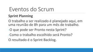 Eventos do Scrum
Sprint Planning
O trabalho a ser realizado é planejado aqui, em
uma reunião de 8h para um mês de trabalho.
-O que pode ser Pronto nesta Sprint?
-Como o trabalho escolhido será Pronto?
O resultado é o Sprint Backlog.
 