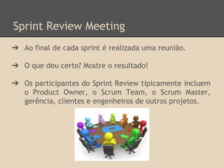Sprint Review Meeting
➔ Ao final de cada sprint é realizada uma reunião.
➔ O que deu certo? Mostre o resultado!
➔ Os participantes do Sprint Review tipicamente incluem
o Product Owner, o Scrum Team, o Scrum Master,
gerência, clientes e engenheiros de outros projetos.
 