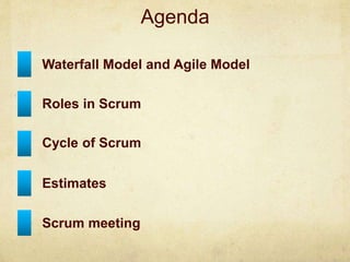 Agenda
Waterfall Model and Agile Model
Roles in Scrum
Cycle of Scrum
Estimates
Scrum meeting
 