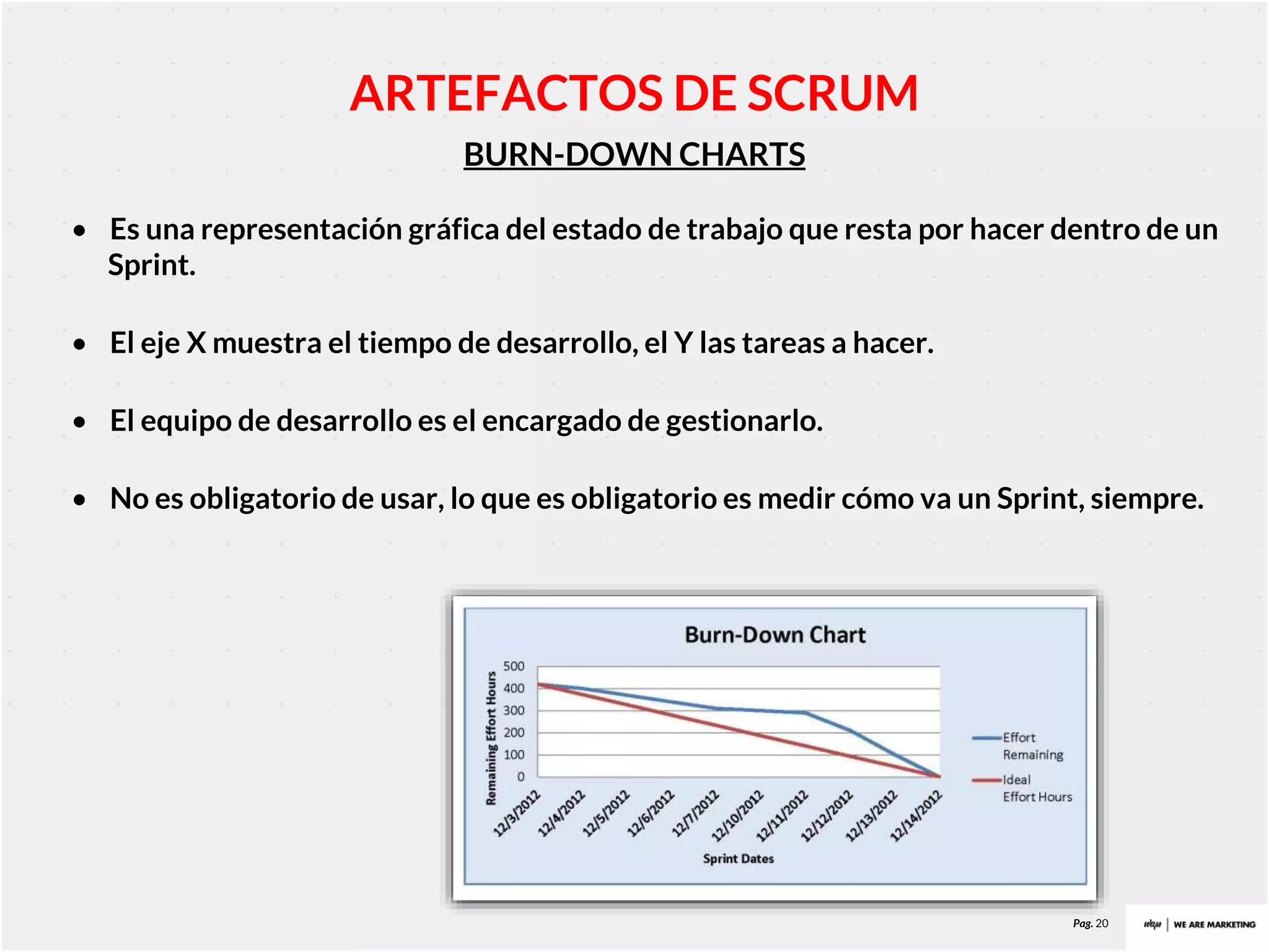 Pag. 20
BURN-DOWN CHARTS
• Es una representación gráfica del estado de trabajo que resta por hacer dentro de un
Sprint.
• El eje X muestra el tiempo de desarrollo, el Y las tareas a hacer.
• El equipo de desarrollo es el encargado de gestionarlo.
• No es obligatorio de usar, lo que es obligatorio es medir cómo va un Sprint, siempre.
ARTEFACTOS DE SCRUM
 