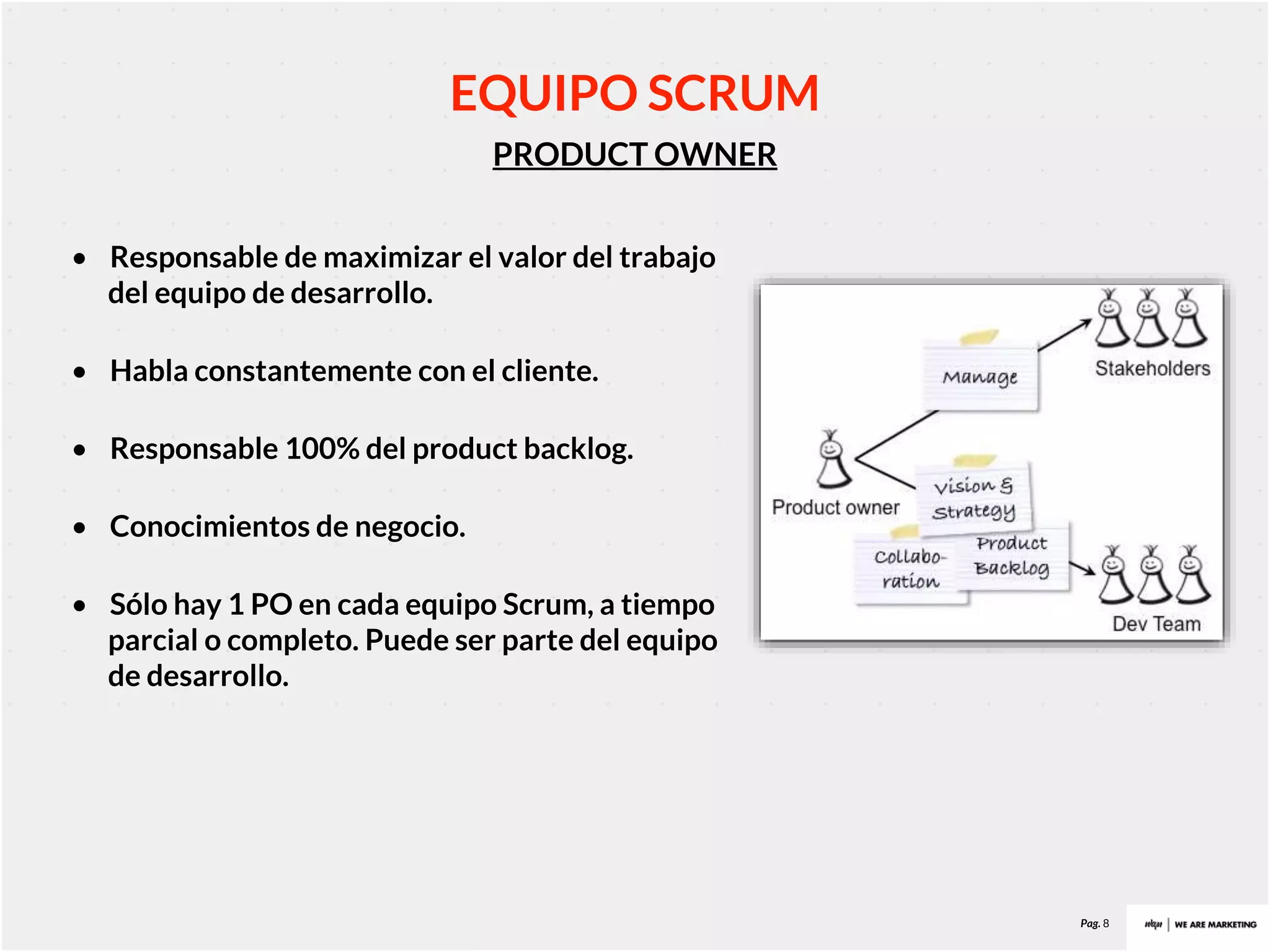 Pag. 8
PRODUCT OWNER
EQUIPO SCRUM
• Responsable de maximizar el valor del trabajo
del equipo de desarrollo.
• Habla constantemente con el cliente.
• Responsable 100% del product backlog.
• Conocimientos de negocio.
• Sólo hay 1 PO en cada equipo Scrum, a tiempo
parcial o completo. Puede ser parte del equipo
de desarrollo.
 