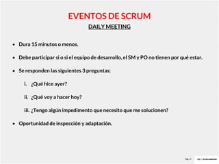 Pag. 14
DAILY MEETING
EVENTOS DE SCRUM
• Dura 15 minutos o menos.
• Debe participar si o si el equipo de desarrollo, el SM y PO no tienen por qué estar.
• Se responden las siguientes 3 preguntas:
i. ¿Qué hice ayer?
ii. ¿Qué voy a hacer hoy?
iii. ¿Tengo algún impedimento que necesito que me solucionen?
• Oportunidad de inspección y adaptación.
 