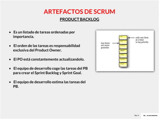 Pag. 18
PRODUCT BACKLOG
ARTEFACTOS DE SCRUM
• Es un listado de tareas ordenadas por
importancia.
• El orden de las tareas es responsabilidad
exclusiva del Product Owner.
• El PO está constantemente actualizandolo.
• El equipo de desarrollo coge las tareas del PB
para crear el Sprint Backlog y Sprint Goal.
• El equipo de desarrollo estima las tareas del
PB.
 