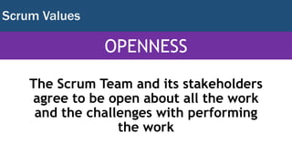 Scrum Values
The Scrum Team and its stakeholders
agree to be open about all the work
and the challenges with performing
th...