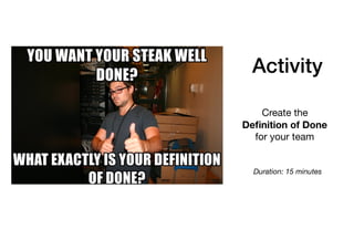 Activity
Create the 

Deﬁnition of Done 

for your team
Duration: 15 minutes
 