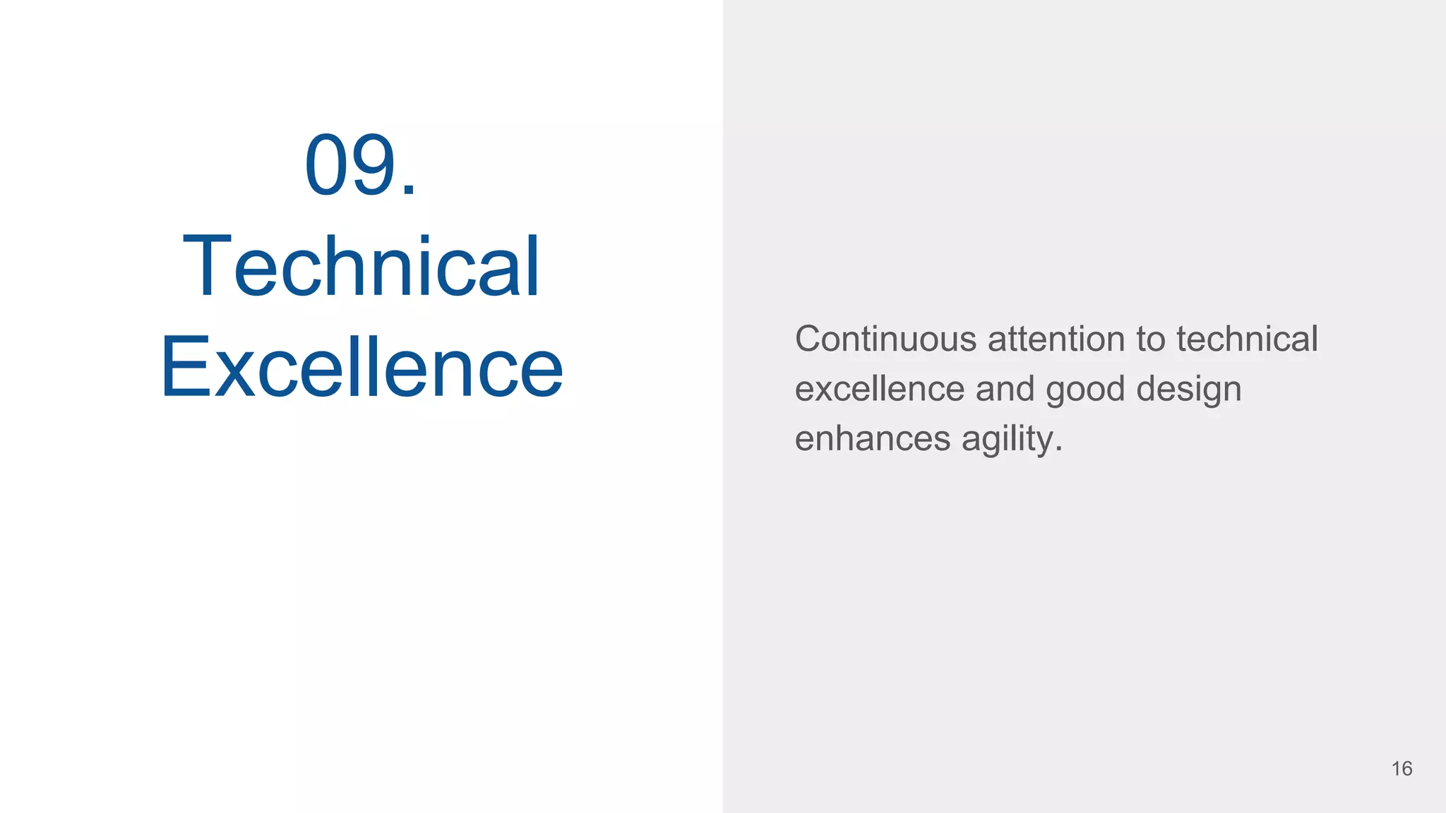 09.
Technical
Excellence
Continuous attention to technical
excellence and good design
enhances agility.
16
 