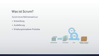 Was ist Scrum?
Scrum ist ein Rahmenwerk zur
▪ Entwicklung
▪ Auslieferung
▪ Erhaltung komplexer Produkte
 
