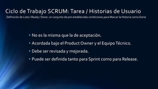 Ciclo de Trabajo SCRUM: Tarea / Historias de Usuario
• No es la misma que la de aceptación.
• Acordada bajo el Product Owner y el EquipoTécnico.
• Debe ser revisada y mejorada.
• Puede ser definida tanto para Sprint como para Release.
Definición de Listo / Ready / Done: un conjunto de pre-establecidas condiciones para Marcar la Historia como Done
 