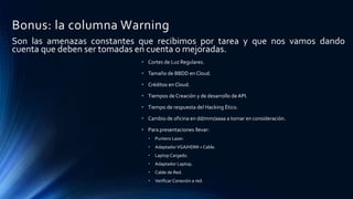 Bonus: la columna Warning
• Cortes de Luz Regulares.
• Tamaño de BBDD en Cloud.
• Créditos en Cloud.
• Tiempos de Creación y de desarrollo deAPI.
• Tiempo de respuesta del Hacking Ético.
• Cambio de oficina en dd/mm/aaaa a tomar en consideración.
• Para presentaciones llevar:
• Puntero Lazer.
• AdaptadorVGA/HDMI + Cable.
• Laptop Cargado.
• Adaptador Laptop.
• Cable de Red.
• Verificar Conexión a red.
Son las amenazas constantes que recibimos por tarea y que nos vamos dando
cuenta que deben ser tomadas en cuenta o mejoradas.
 