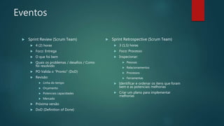 Eventos
 Sprint Review (Scrum Team)
 4 (2) horas
 Foco: Entrega
 O que foi bem
 Quais os problemas / desafios / Como
foi resolvido
 PO Valida o “Pronto” (DoD)
 Revisão:
 Linha do tempo
 Orçamento
 Potenciais capacidades
 Mercado
 Próxima versão
 DoD (Definition of Done)
 Sprint Retrospective (Scrum Team)
 3 (1,5) horas
 Foco: Processo
 Inspecionar:
 Pessoas
 Relacionamentos
 Processos
 Ferramentas
 Identificar e ordenar os itens que foram
bem e as potenciais melhorias
 Criar um plano para implementar
melhorias
 