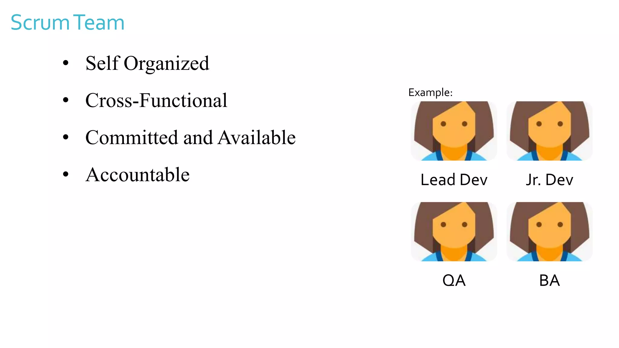 ScrumTeam
• Self Organized
• Cross-Functional
• Committed and Available
• Accountable Lead Dev Jr. Dev
QA BA
Example:
 