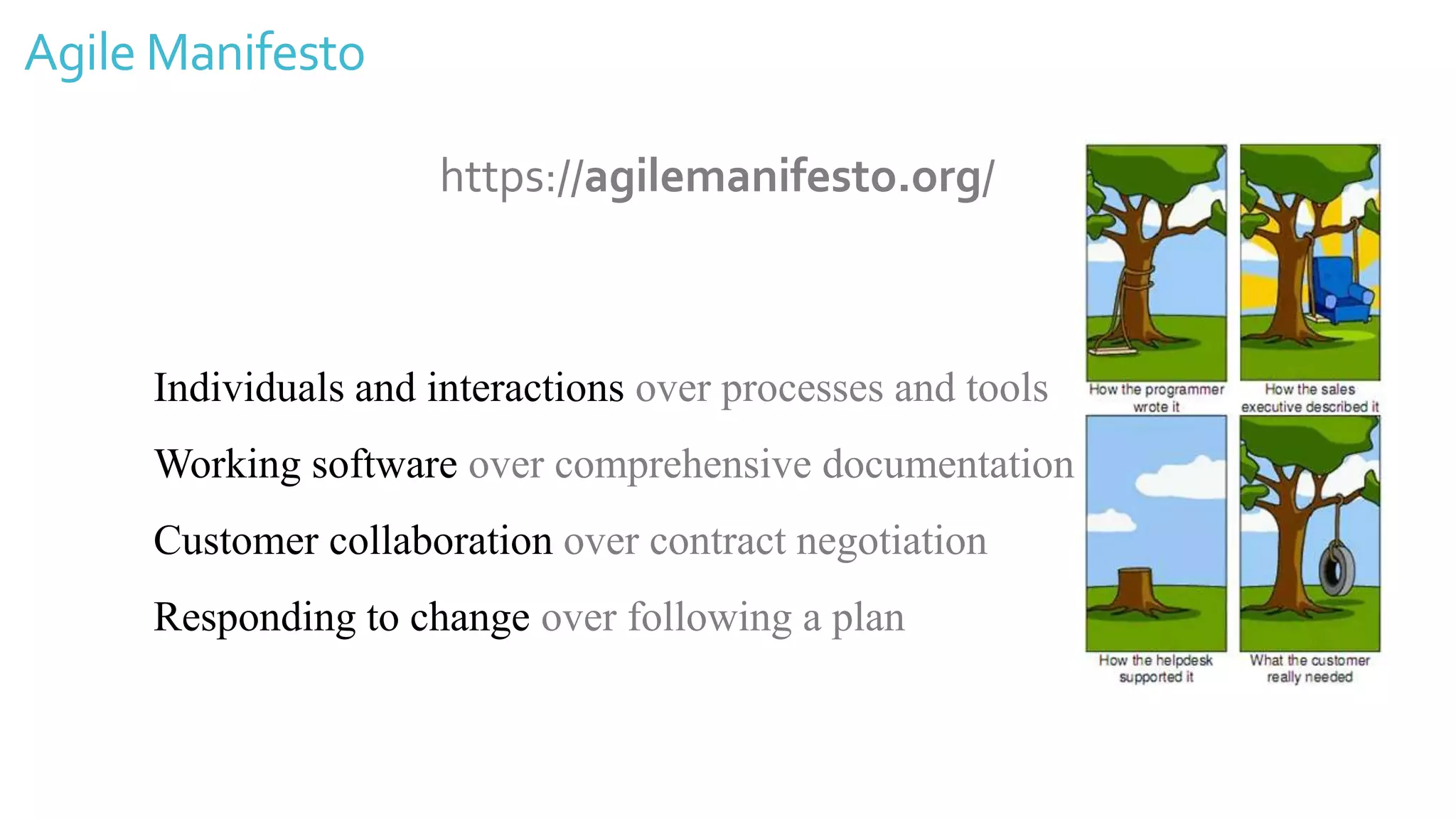 Agile Manifesto
https://agilemanifesto.org/
Individuals and interactions over processes and tools
Working software over comprehensive documentation
Customer collaboration over contract negotiation
Responding to change over following a plan
 