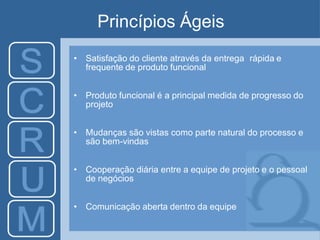 Princípios Ágeis
• Satisfação do cliente através da entrega rápida e
frequente de produto funcional
• Produto funcional é a principal medida de progresso do
projeto
• Mudanças são vistas como parte natural do processo e
são bem-vindas
• Cooperação diária entre a equipe de projeto e o pessoal
de negócios
• Comunicação aberta dentro da equipe
 