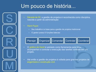 Um pouco de história...
• Década de 50: a gestão de projetos é reconhecida como disciplina,
nascida a partir da administração
• Henri Fayol:
– Seu trabalho é a base para a gestão de projetos tradicional
– O gestor possui 5 funções básicas:
• O gráfico de Gantt é adotado como ferramenta para listar,
acompanhar e controlar a execução das tarefas contidas em um
projeto.
• Até então a gestão de projetos é voltada para grandes projetos de
engenharia e construção civil.
Planejar Organizar Comandar Controlar Coordenar
 