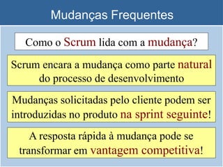 Mudanças Frequentes
Como o Scrum lida com a mudança?
Scrum encara a mudança como parte natural
do processo de desenvolvimento
Mudanças solicitadas pelo cliente podem ser
introduzidas no produto na sprint seguinte!
A resposta rápida à mudança pode se
transformar em vantagem competitiva!
 