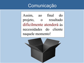 Comunicação
Assim, ao final do
projeto, o resultado
dificilmente atenderá às
necessidades do cliente
naquele momento!
 