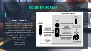 ROLES EN SCRUM
1
ROLES CENTRALES
Los roles centrales son aquellos que
su participación es indispensable
para la realización del proyecto,
están comprometidos con el
proyecto y son responsables del éxito
de cada sprint y del proyecto en
general. Estos son:
·Product owner
·Scrum master
·Equipo Scrum
 