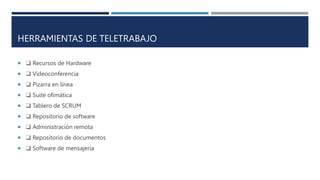 HERRAMIENTAS DE TELETRABAJO
 ❑ Recursos de Hardware
 ❑ Videoconferencia
 ❑ Pizarra en línea
 ❑ Suite ofimática
 ❑ Tablero de SCRUM
 ❑ Repositorio de software
 ❑ Administración remota
 ❑ Repositorio de documentos
 ❑ Software de mensajería
 