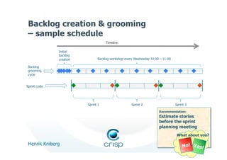 Backlog creation & grooming
 – sample schedule
                                     Timeline

               Initial
               backlog
               creation         Backlog workshop every Wednesday 10:00 – 11:00

 Backlog
 grooming
 cycle


Sprint cycle




                          Sprint 1                   Sprint 2                    Sprint 3

                                                                      Recommendation:
                                                                      Estimate stories
                                                                      before the sprint
                                                                      planning meeting
                                                                                  What about you?

 Henrik Kniberg                                                                          20
                                                                                     No! Yes!
 