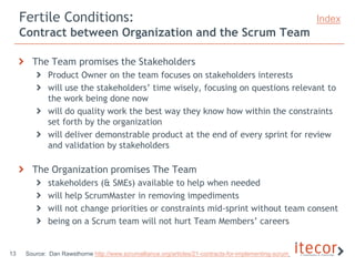 Fertile Conditions:                                                                                 Index
     Contract between Organization and the Scrum Team

        The Team promises the Stakeholders
              Product Owner on the team focuses on stakeholders interests
              will use the stakeholders’ time wisely, focusing on questions relevant to
              the work being done now
              will do quality work the best way they know how within the constraints
              set forth by the organization
              will deliver demonstrable product at the end of every sprint for review
              and validation by stakeholders

        The Organization promises The Team
              stakeholders (& SMEs) available to help when needed
              will help ScrumMaster in removing impediments
              will not change priorities or constraints mid-sprint without team consent
              being on a Scrum team will not hurt Team Members’ careers


13    Source: Dan Rawsthorne http://www.scrumalliance.org/articles/21-contracts-for-implementing-scrum
 