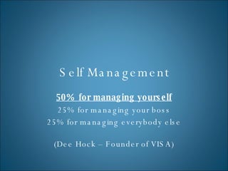 Self Management 50%  for managing yourself 25% for managing your boss 25% for managing everybody else (Dee Hock – Founder of VISA) 