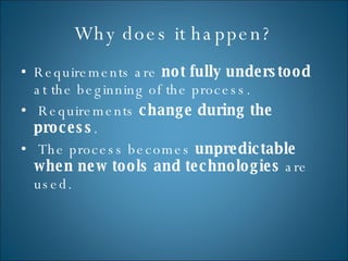 Why does it happen? Requirements are  not fully understood  at the beginning of the process. Requirements  change during the process . The process becomes  unpredictable when new tools and technologies  are used. 