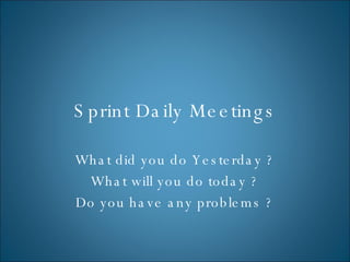 Sprint Daily Meetings What did you do Yesterday ? What will you do today ? Do you have any problems ? 