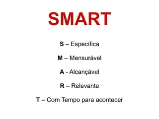 SMART 
               
       S – Específica 
               
       M – Mensurável 
                 
       A - Alcançável 
                   
       R – Relevante!
                     
T – Com Tempo para acontecer 
 