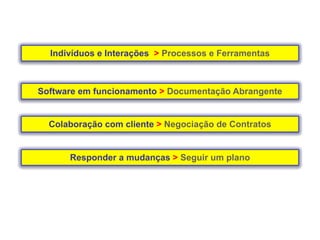 Indivíduos e Interações > Processos e Ferramentas



Software em funcionamento > Documentação Abrangente


  Colaboração com cliente > Negociação de Contratos


      Responder a mudanças > Seguir um plano
 