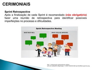 CERIMONIAIS
Sprint Retrospective
Após a finalização de cada Sprint é recomendado (não obrigatório)
fazer uma reunião de retrospectiva para identificar possíveis
imperfeições no processo e dificuldades.
http://csharpcorner.mindcrackerinc.netdna-
cdn.com/UploadFile/BlogImages/11292015063901AM/Sprint%20Retrospective.png
 