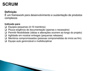 SCRUM
Definição
É um framework para desenvolvimento e sustentação de produtos
complexos
Indicado para
 Equipes pequenas (4-10 membros)
 Pouca exigência de documentação (apenas o necessário)
 Permitir flexibilidade (idéias e alterações ocorrem ao longo do projeto)
 Agilidade em mostrar entregas (pequenas releases)
 Membros compromissados (pessoas comprometidas do início ao fim)
 Equipe auto gerenciável e multidisciplinar
 