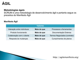 ÁGIL
Metodologias ágeis
SCRUM é uma metodologia de desenvolvimento ágil e portanto segue os
preceitos do Manifesto Ágil
Manifesto Ágil
Valores
Interação entre indivíduos Mais do que Processos e ferramentas
Produto funcionando Mais do que Documentação Extensa
Colaboração com o cliente Mais do que Termos Negociados (contrato)
Resposta às mudanças Mais do que Cumprimentos de planos
http://agilemanifesto.org/
 