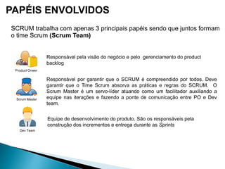 PAPÉIS ENVOLVIDOS
SCRUM trabalha com apenas 3 principais papéis sendo que juntos formam
o time Scrum (Scrum Team)
Scrum Master
Product Onwer
Dev Team
Responsável pela visão do negócio e pelo gerenciamento do product
backlog
Responsável por garantir que o SCRUM é compreendido por todos. Deve
garantir que o Time Scrum absorva as práticas e regras do SCRUM. O
Scrum Master é um servo-líder atuando como um facilitador auxiliando a
equipe nas iterações e fazendo a ponte de comunicação entre PO e Dev
team.
Equipe de desenvolvimento do produto. São os responsáveis pela
construção dos incrementos e entrega durante as Sprints
 