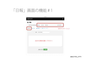 「日報」画面の機能 #１
当日の日報を記録（テキスト）
日付ナビゲーション
 