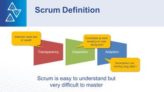 Scrum Definition
Transparency Inspection Adaption
Scrum is easy to understand but
very difficult to master
Iedereen weet wat
er speelt
Veranderen van
richting mag altijd !
Controleer je werk
terwijl je er mee
bezig bent
 