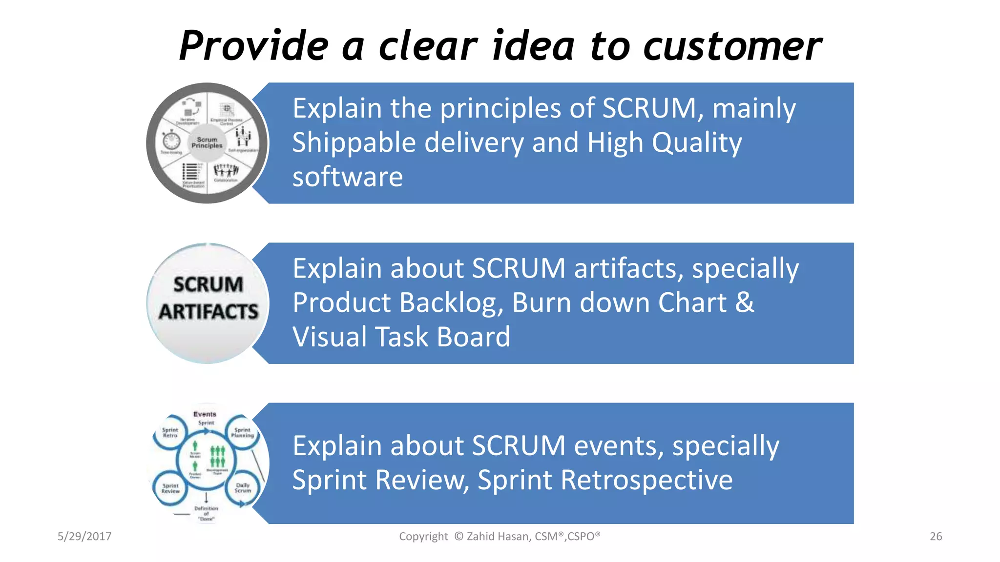 5/29/2017 Copyright © Zahid Hasan, CSM®,CSPO® 26
Provide a clear idea to customer
Explain the principles of SCRUM, mainly
Shippable delivery and High Quality
software
Explain about SCRUM artifacts, specially
Product Backlog, Burn down Chart &
Visual Task Board
Explain about SCRUM events, specially
Sprint Review, Sprint Retrospective
 