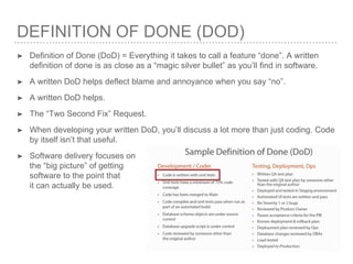 DEFINITION OF DONE (DOD)
➤ Definition of Done (DoD) = Everything it takes to call a feature “done”. A written
definition of done is as close as a “magic silver bullet” as you’ll find in software.
➤ A written DoD helps deflect blame and annoyance when you say “no”.
➤ A written DoD helps.
➤ The “Two Second Fix” Request.
➤ When developing your written DoD, you’ll discuss a lot more than just coding. Code
by itself isn’t that useful.
➤ Software delivery focuses on
the “big picture” of getting
software to the point that
it can actually be used.
 