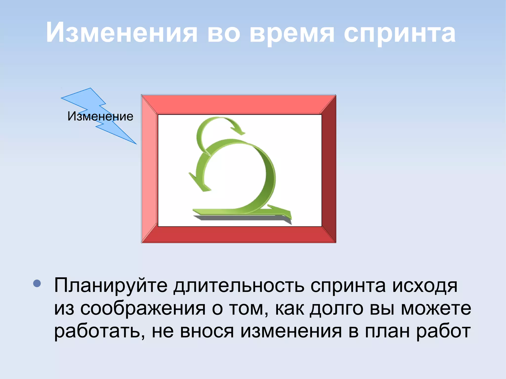 Изменения во время спринта
• Планируйте длительность спринта исходя
из соображения о том, как долго вы можете
работать, не внося изменения в план работ
Изменение
 