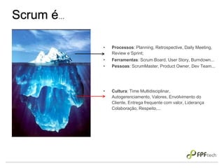 Scrum é...
• Processos: Planning, Retrospective, Daily Meeting,
Review e Sprint;
• Ferramentas: Scrum Board, User Story, Burndown...
• Pessoas: ScrumMaster, Product Owner, Dev Team...
• Cultura: Time Multidisciplinar,
Autogerenciamento, Valores, Envolvimento do
Cliente, Entrega frequente com valor, Liderança
Colaboração, Respeito,...
 