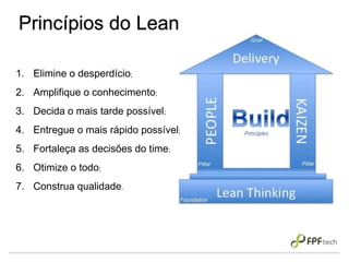 Princípios do Lean
1. Elimine o desperdício;
2. Amplifique o conhecimento;
3. Decida o mais tarde possível;
4. Entregue o mais rápido possível;
5. Fortaleça as decisões do time;
6. Otimize o todo;
7. Construa qualidade.
 