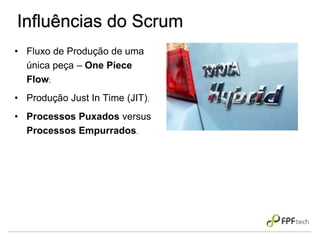 Influências do Scrum
• Fluxo de Produção de uma
única peça – One Piece
Flow;
• Produção Just In Time (JIT);
• Processos Puxados versus
Processos Empurrados.
 
