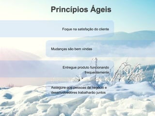 Princípios Ágeis
Foque na satisfação do cliente
Mudanças são bem vindas
Entregue produto funcionando
frequentemente
Assegure que pessoas de negócio e
desenvolvedores trabalharão juntos
 